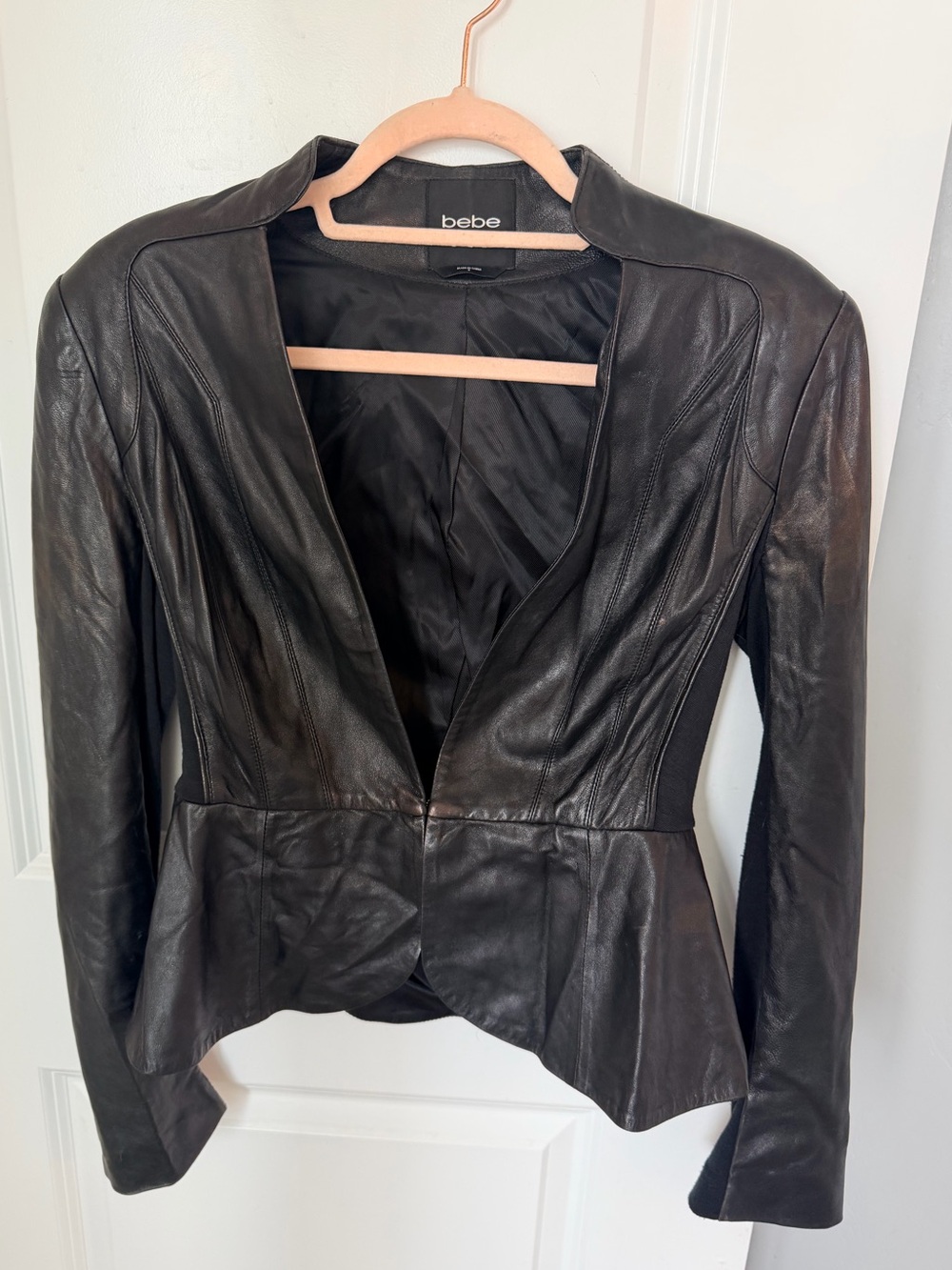 Vintage BEBE Black Leather Peplum-Style Jacket